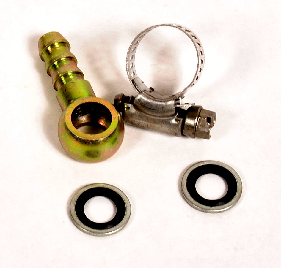 LarryB&#39;s 12mm Banjo Barb Fitting with 5/16&quot; barb, seals &amp; clamp