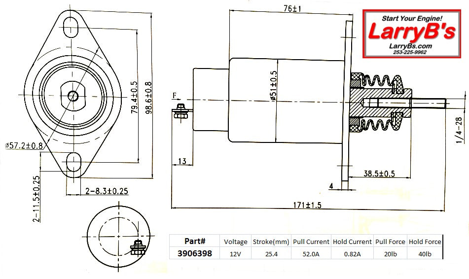 LarryB's Fuel Shutdown Solenoid SA-3151-12 3906398 12 Volt Dual coil Single Wire Internally Switched