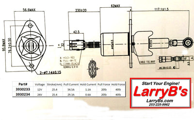 Fuel shutoff Solenoid, 3" spacing, 3 round pins, 3930233, SA-4335-12 12 volt LarryB’s