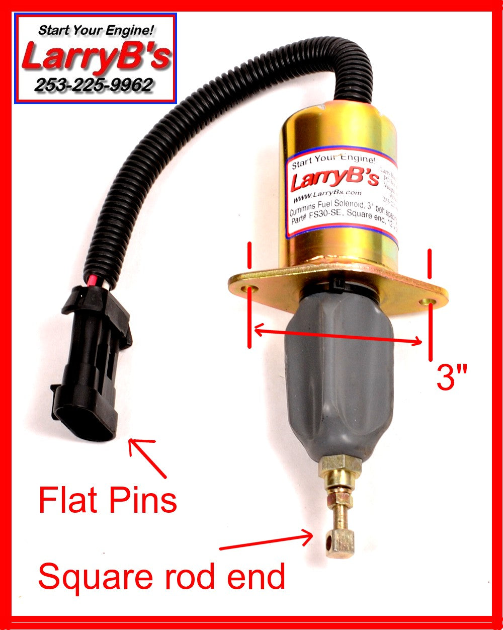 Fuel shutdown Solenoid only, 3" spacing, 3 flat pins, Square Rod End